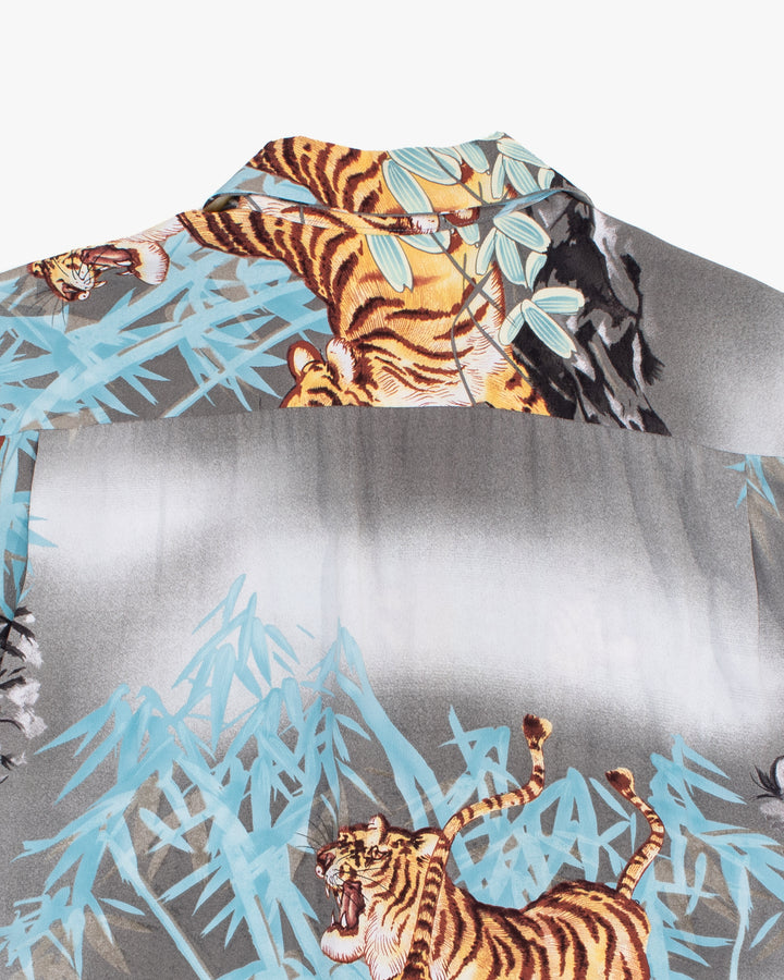 Japanese Repro Shirt, Short Sleeve Aloha Shirt, L, Toyo Enterprises, Tigers and Bamboo on Grey