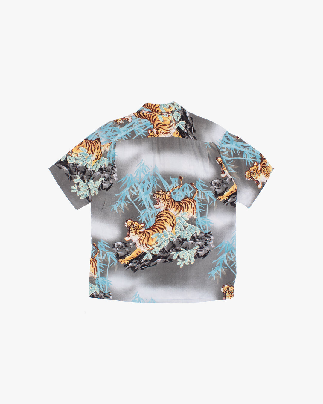 Japanese Repro Shirt, Short Sleeve Aloha Shirt, L, Toyo Enterprises, Tigers and Bamboo on Grey