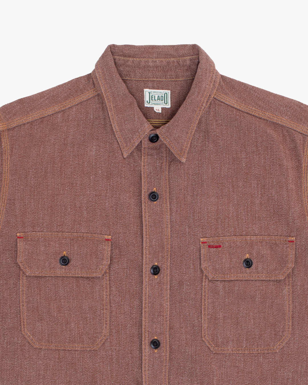 Japanese Repro Short-Sleeve Shirt, XL, Jelado, Brown with Orange and Red Stitching Details