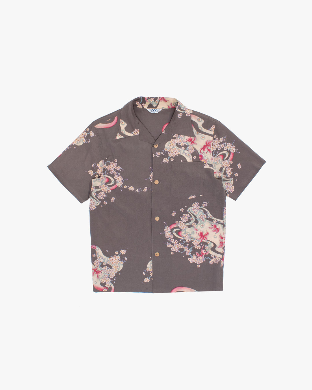 Japanese Repro Shirt, Short Sleeve Aloha Shirt, M, Chikiriya, Goldfish on Grey