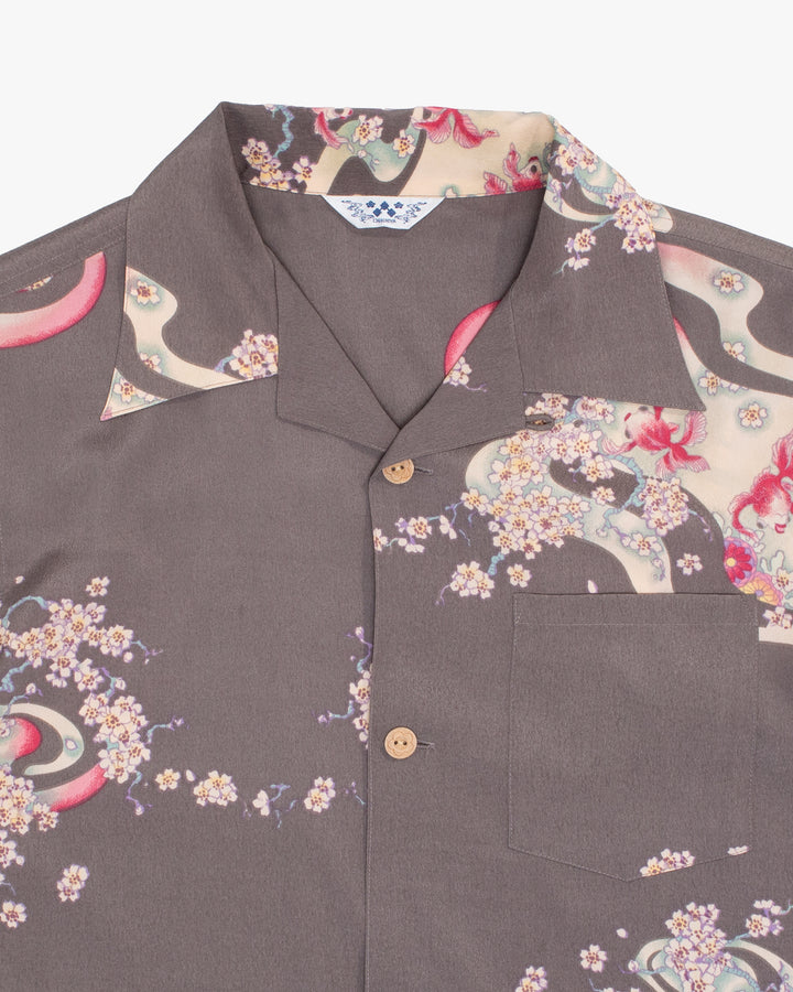 Japanese Repro Shirt, Short Sleeve Aloha Shirt, M, Chikiriya, Goldfish on Grey