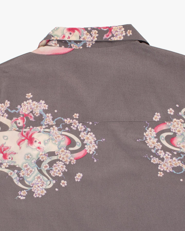 Japanese Repro Shirt, Short Sleeve Aloha Shirt, M, Chikiriya, Goldfish on Grey