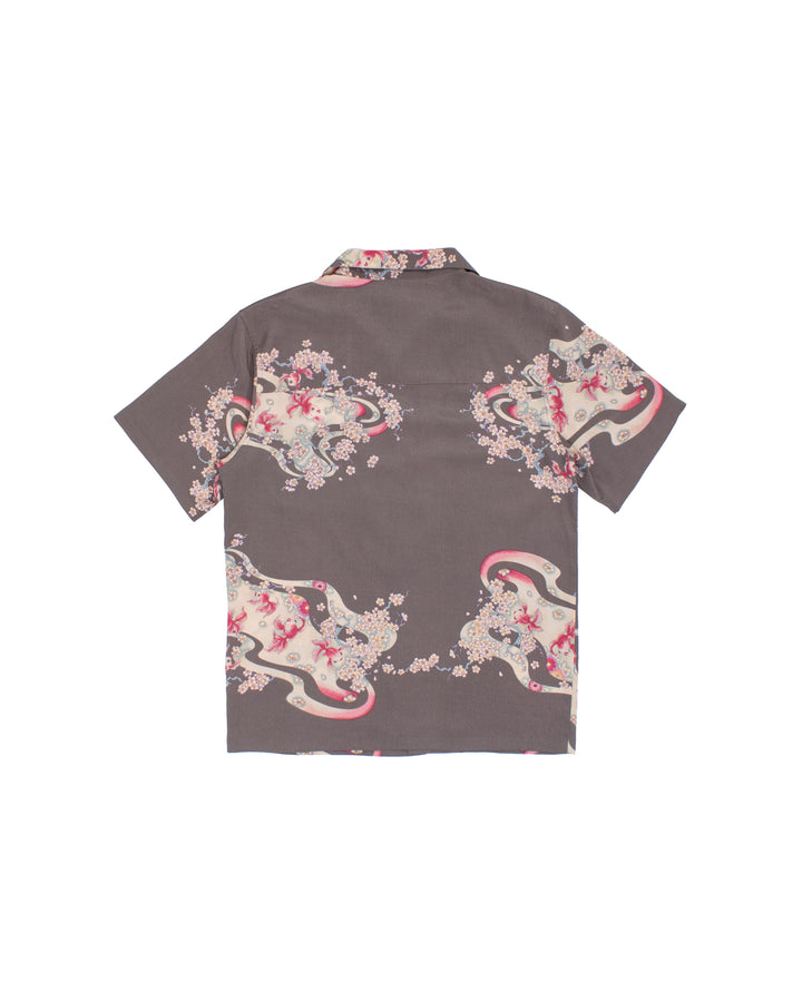 Japanese Repro Shirt, Short Sleeve Aloha Shirt, M, Chikiriya, Goldfish on Grey