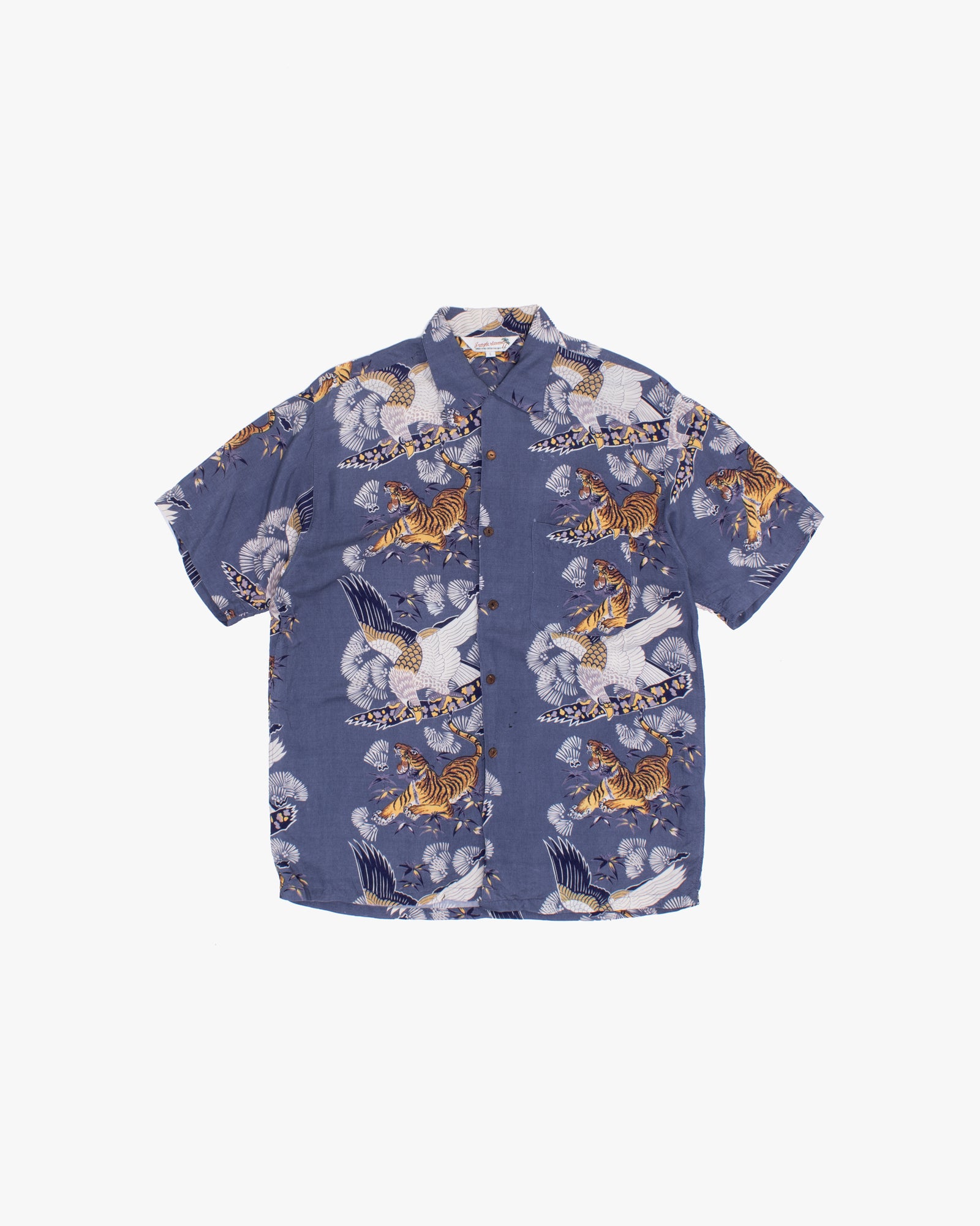 Japanese Repro Aloha Shirt, L, Jungle Storm, Tiger and Eagle on Blue