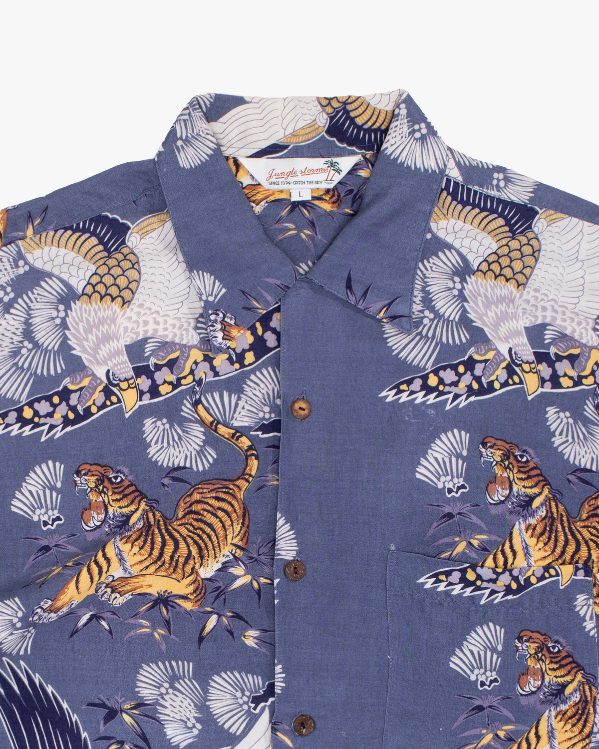 Japanese Repro Shirt, Short Sleeve Aloha Shirt, L, Jungle Storm, Tiger and Eagle on Blue