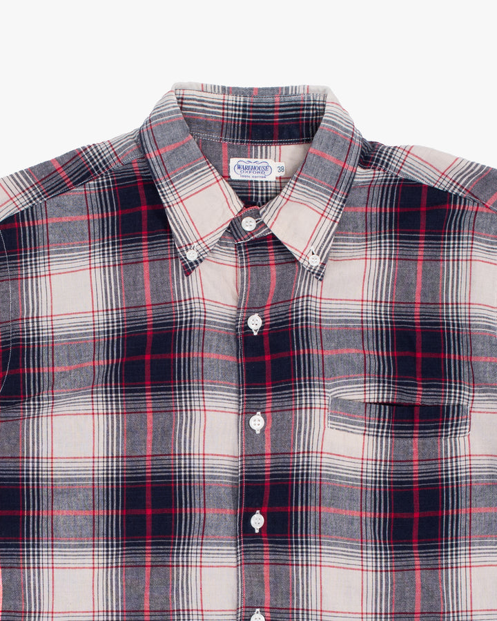 Japanese Repro Short-Sleeve Shirt, M, Warehouse &amp; Co, Red and Navy Plaid
