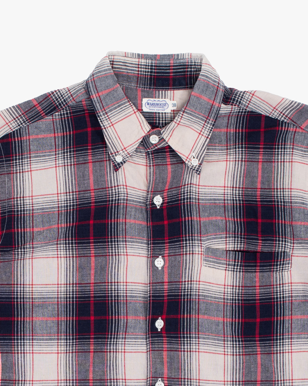 Japanese Repro Short-Sleeve Shirt, M, Warehouse &amp; Co, Red and Navy Plaid