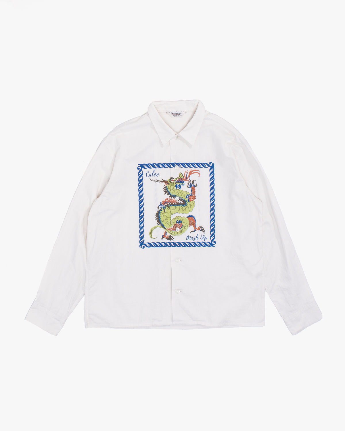 Japanese Repro Long-Sleeve Shirt, L, Calee, Green and Blue Dragon on Off-White