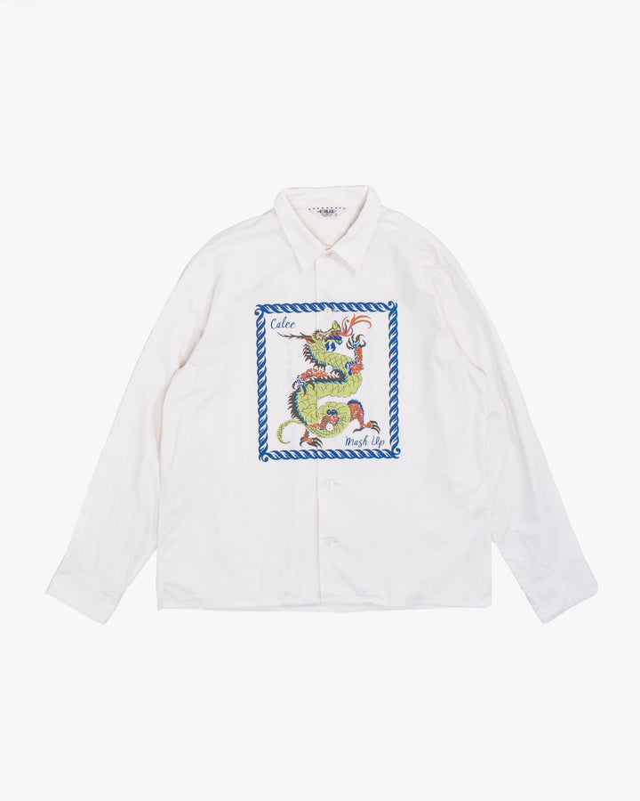 Japanese Repro Long-Sleeve Shirt, L, Calee, Green and Blue Dragon on Off-White