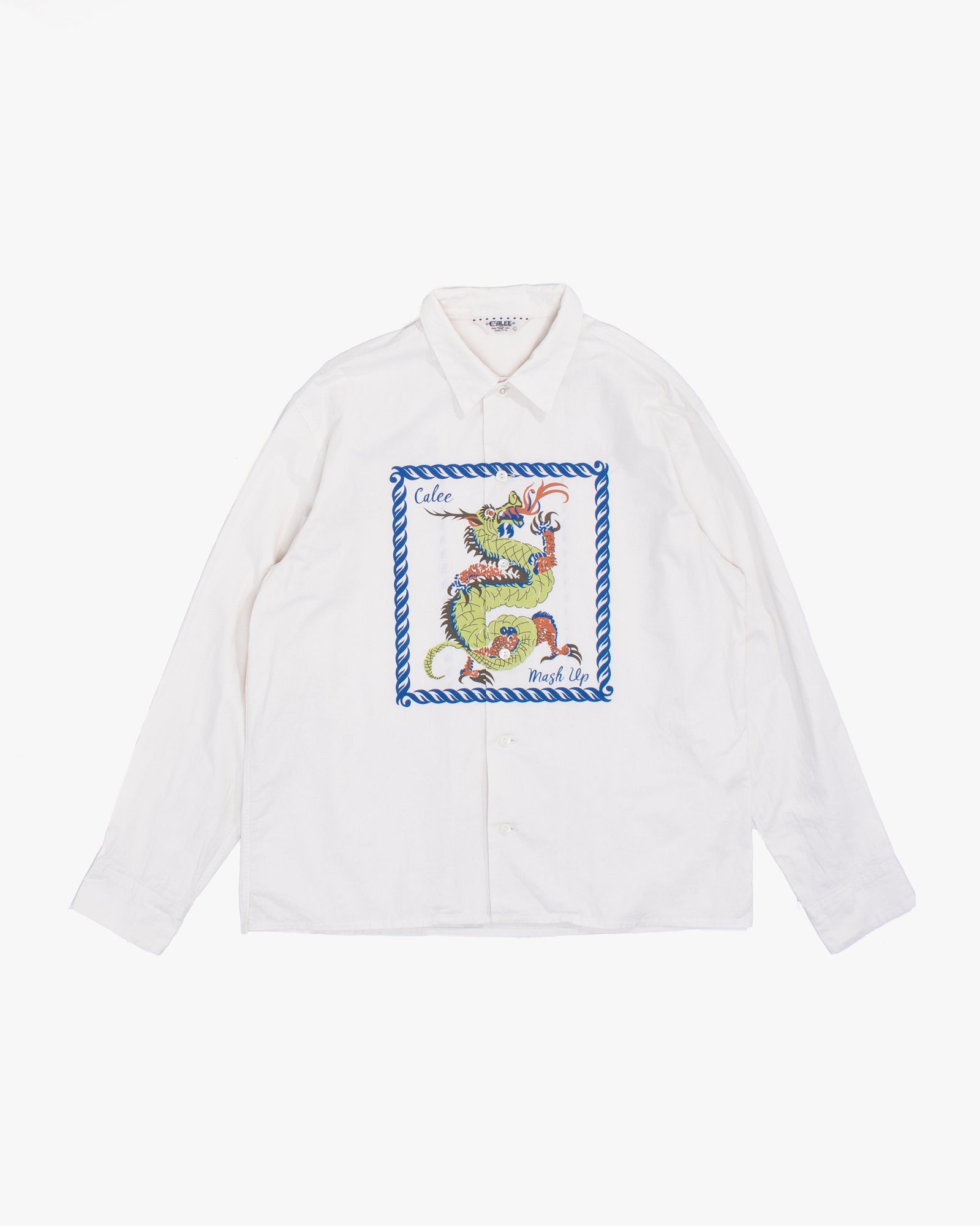 Japanese Repro Long-Sleeve Shirt, L, Calee, Green and Blue Dragon on Off-White