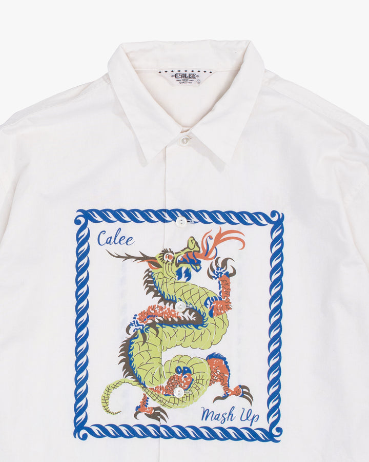 Japanese Repro Long-Sleeve Shirt, L, Calee, Green and Blue Dragon on Off-White