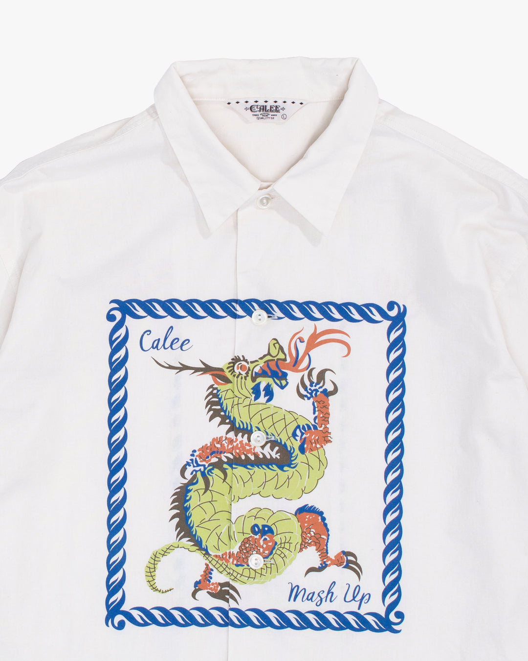 Japanese Repro Long-Sleeve Shirt, L, Calee, Green and Blue Dragon on Off-White
