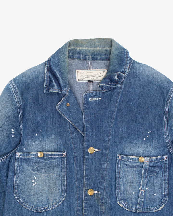 Japanese Repro Jacket, S, Schott, White Splattered Medium Wash Denim