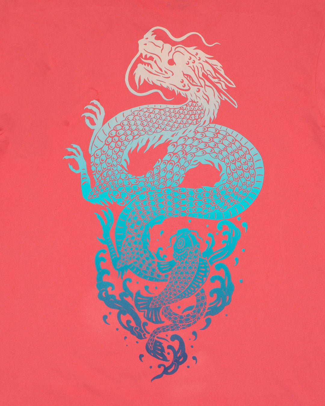 Kiriko Original Tee, 6 oz Cotton, Coral with Blue Koi Dragon