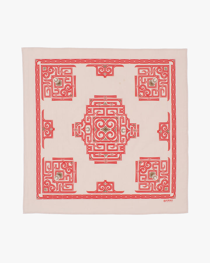 Kiriko Original Screen Printed, Custom-Dyed Bandana, Cream with Red Ainu