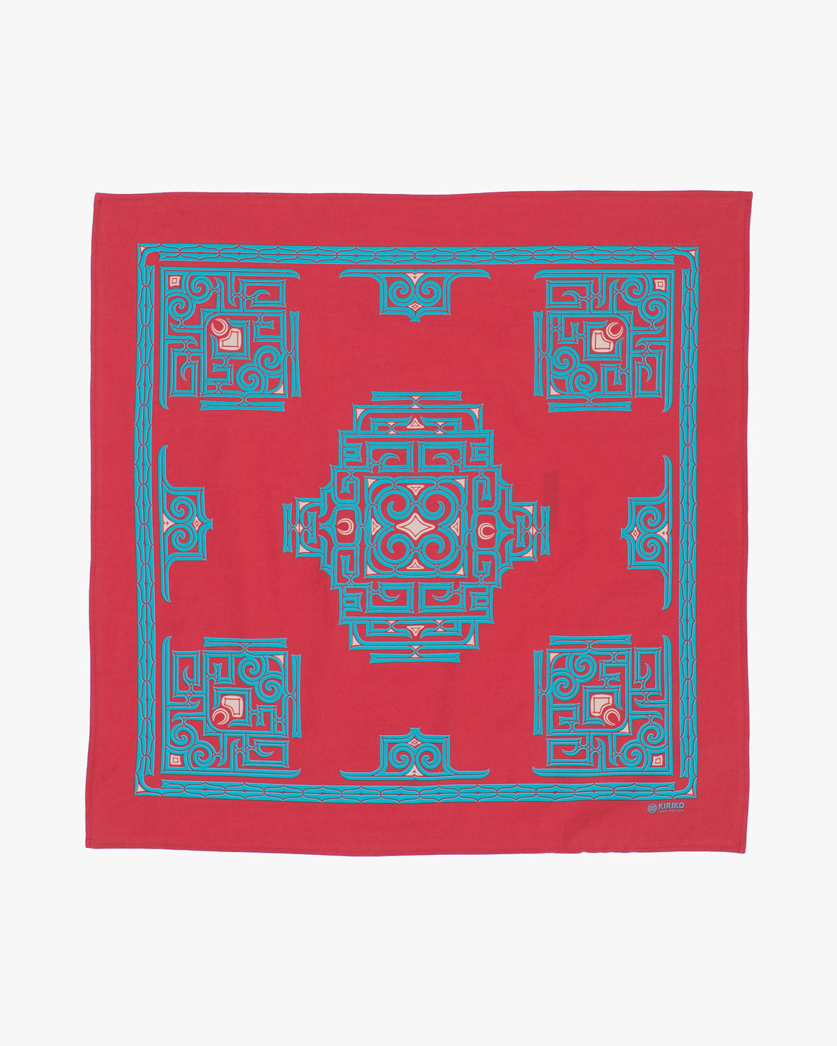 Kiriko Original Screen Printed, Custom-Dyed Bandana, Red with Blue Ainu