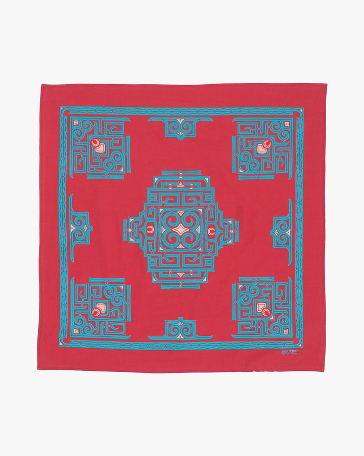 Kiriko Original Screen Printed, Custom-Dyed Bandana, Red with Blue Ainu