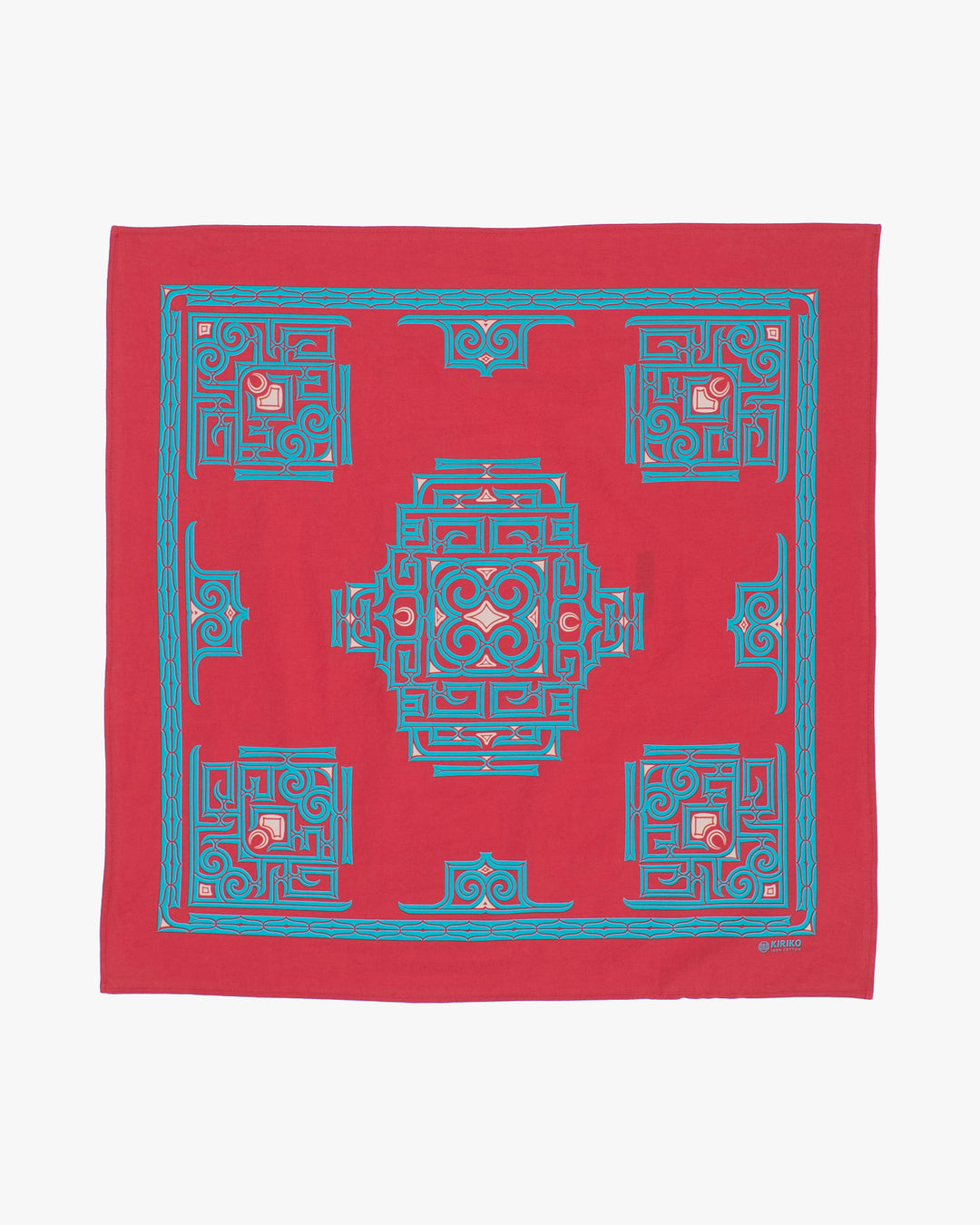 Kiriko Original Screen Printed, Custom-Dyed Bandana, Red with Blue Ainu