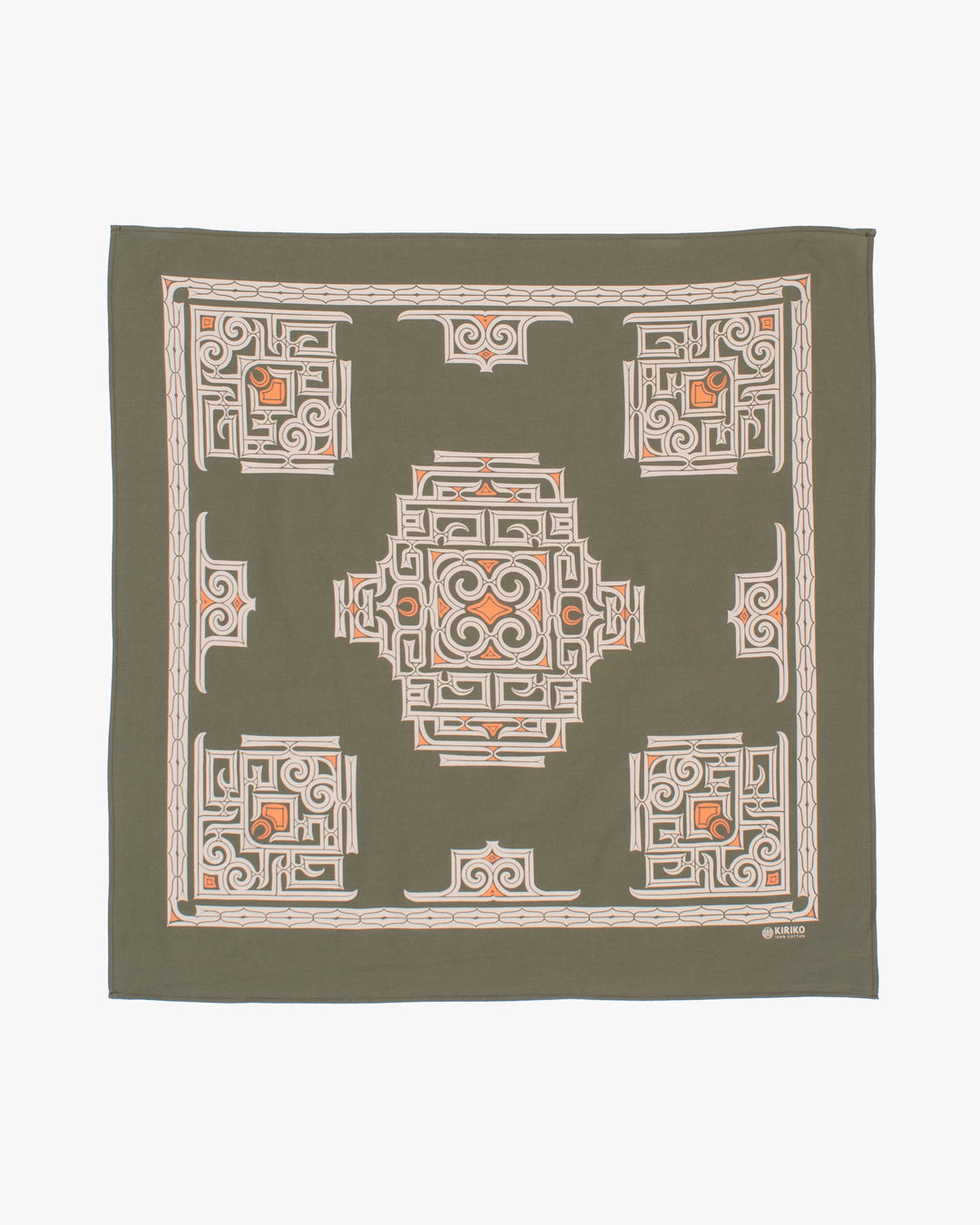 Kiriko Original Screen Printed, Custom-Dyed Bandana, Olive Green Ainu