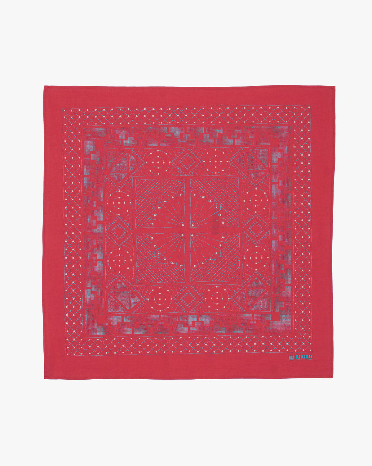 Kiriko Original Screen Printed, Custom-Dyed Bandana, Circle Pendant, Red with Teal and White Accents