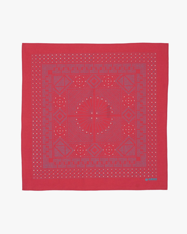 Kiriko Original Screen Printed, Custom-Dyed Bandana, Circle Pendant, Red with Teal and White Accents