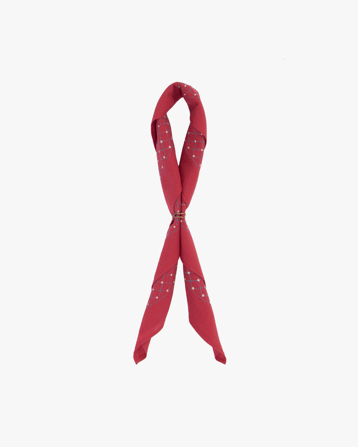 Kiriko Original Screen Printed, Custom-Dyed Bandana, Circle Pendant, Red with Teal and White Accents