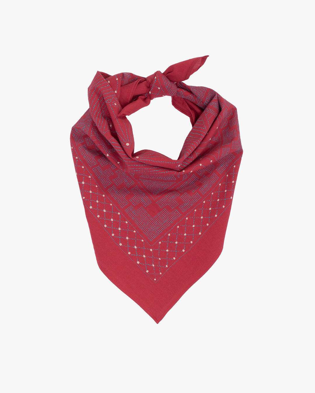 Kiriko Original Screen Printed, Custom-Dyed Bandana, Circle Pendant, Red with Teal and White Accents