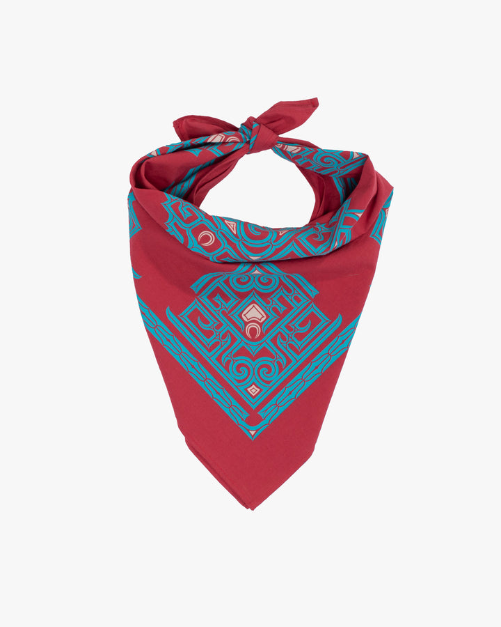 Kiriko Original Screen Printed, Custom-Dyed Bandana, Red with Blue Ainu