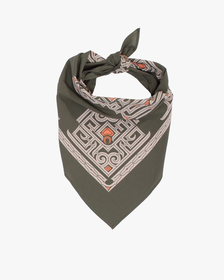 Kiriko Original Screen Printed, Custom-Dyed Bandana, Olive Green Ainu