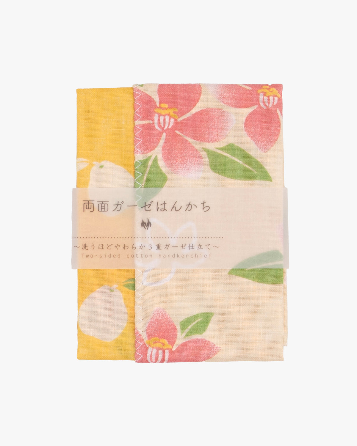 Kurochiku, Two-Sided Cotton Handkerchief, Yellow with Pink and White Flowers
