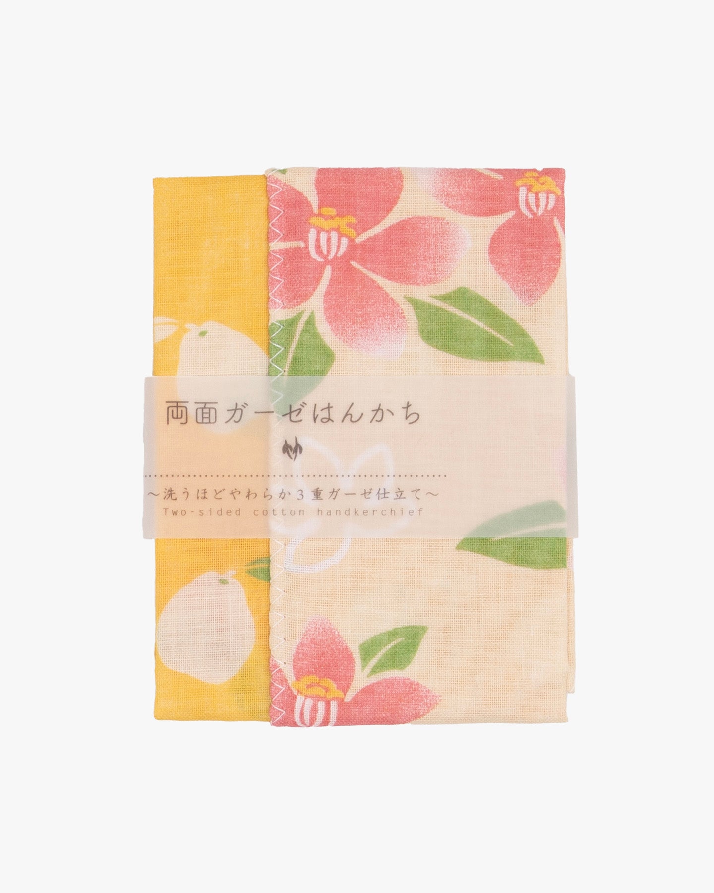 Kurochiku, Two-Sided Cotton Handkerchief, Yellow with Pink and White Flowers