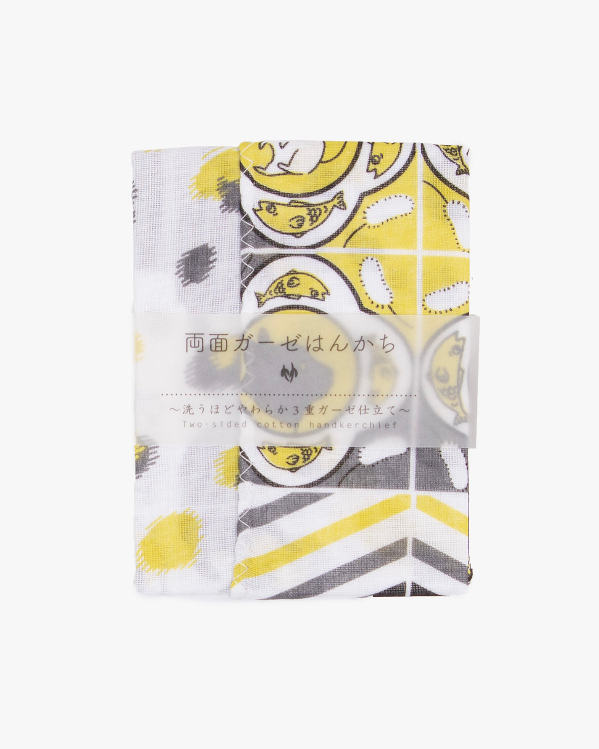 Kurochiku, Two-Sided Cotton Handkerchief, Yellow and Grey with Cat and Fish