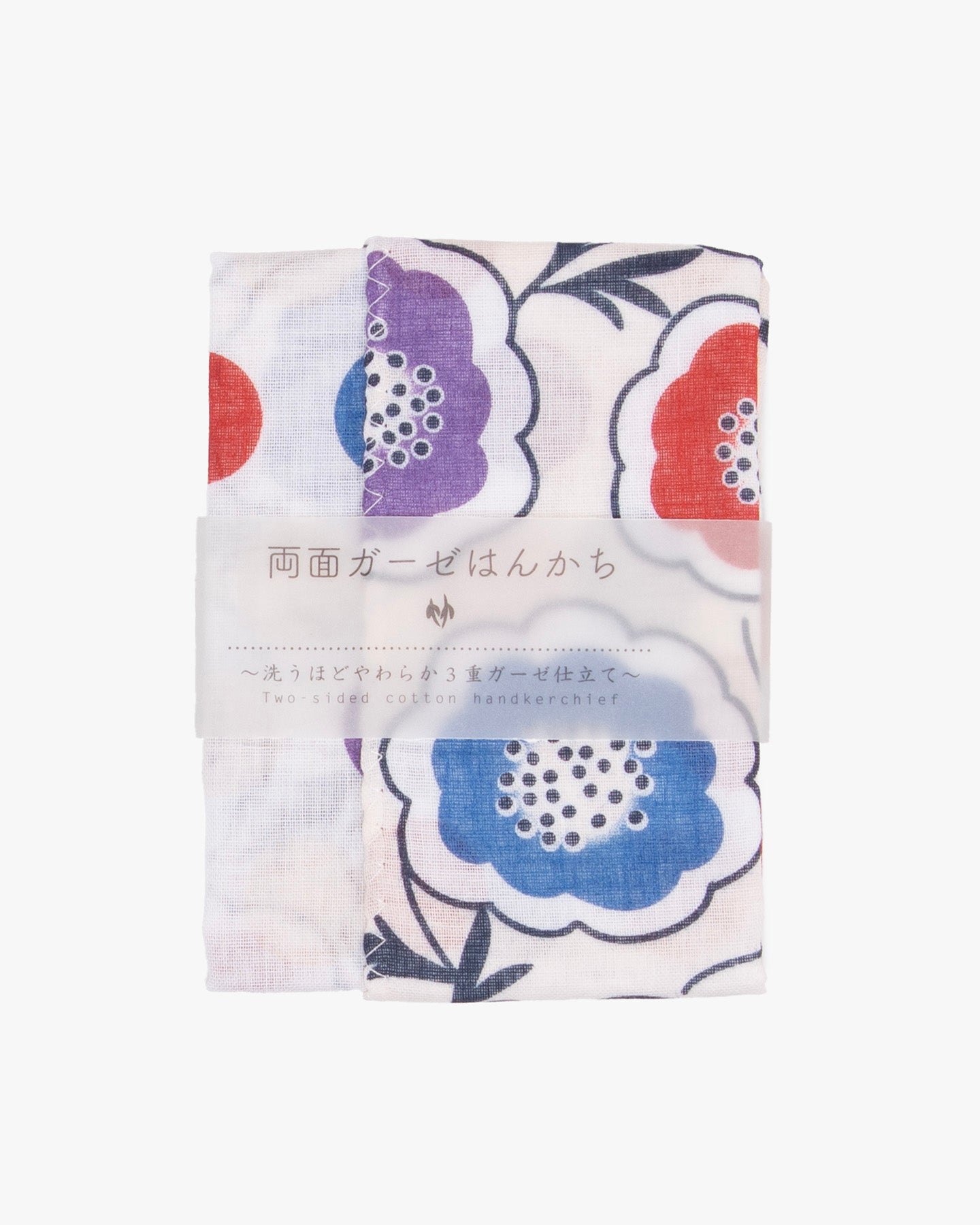Kurochiku, Two-Sided Cotton Handkerchief, White with Red, Purple and Blue Flowers