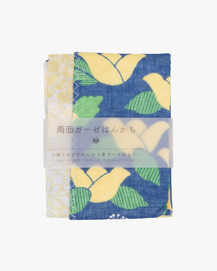 Kurochiku, Two-Sided Cotton Handkerchief, Blue with Yellow Flowers