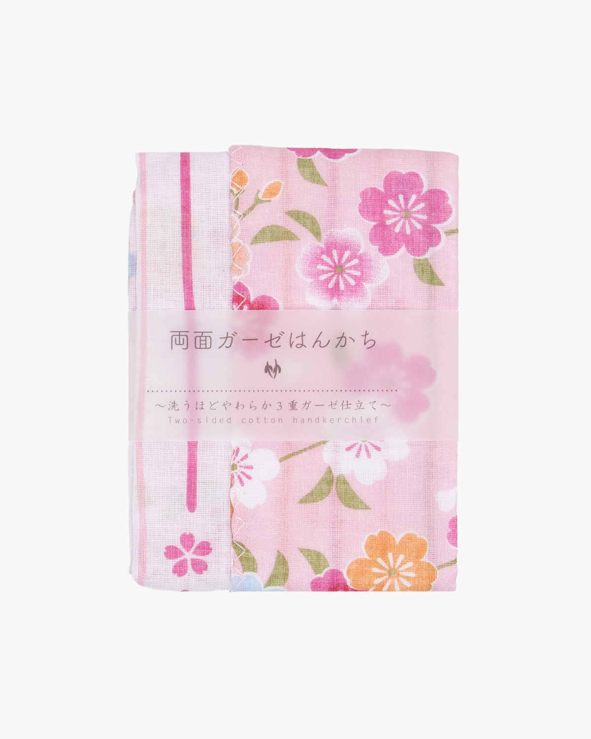 Kurochiku, Two-Sided Cotton Handkerchief, Pink with Flowers and Shima