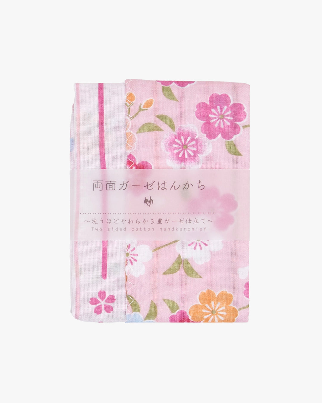 Kurochiku, Two-Sided Cotton Handkerchief, Pink with Flowers and Shima