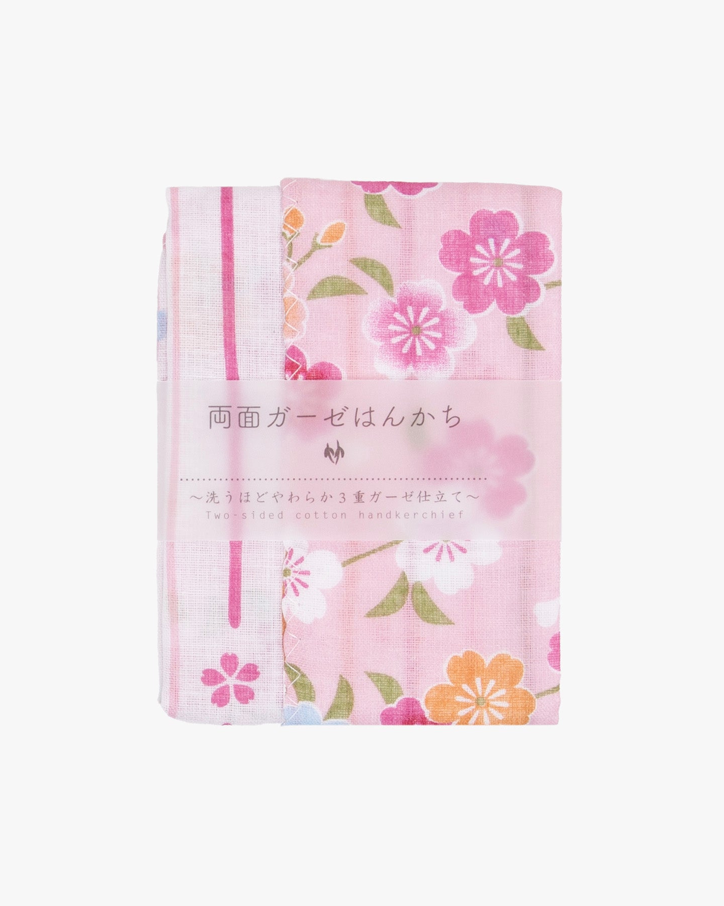 Kurochiku, Two-Sided Cotton Handkerchief, Pink with Flowers and Shima