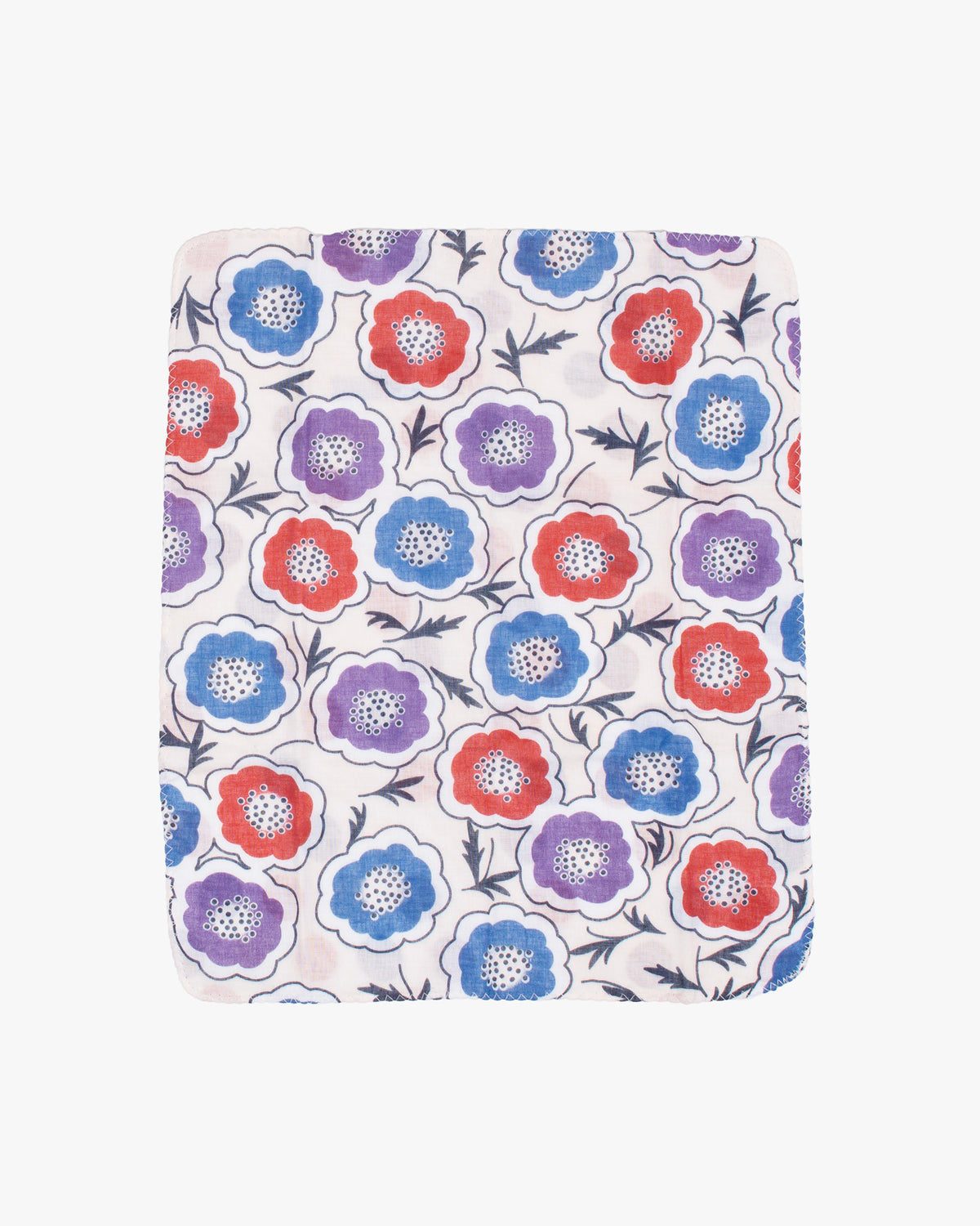 Kurochiku, Two-Sided Cotton Handkerchief, White with Red, Purple and Blue Flowers