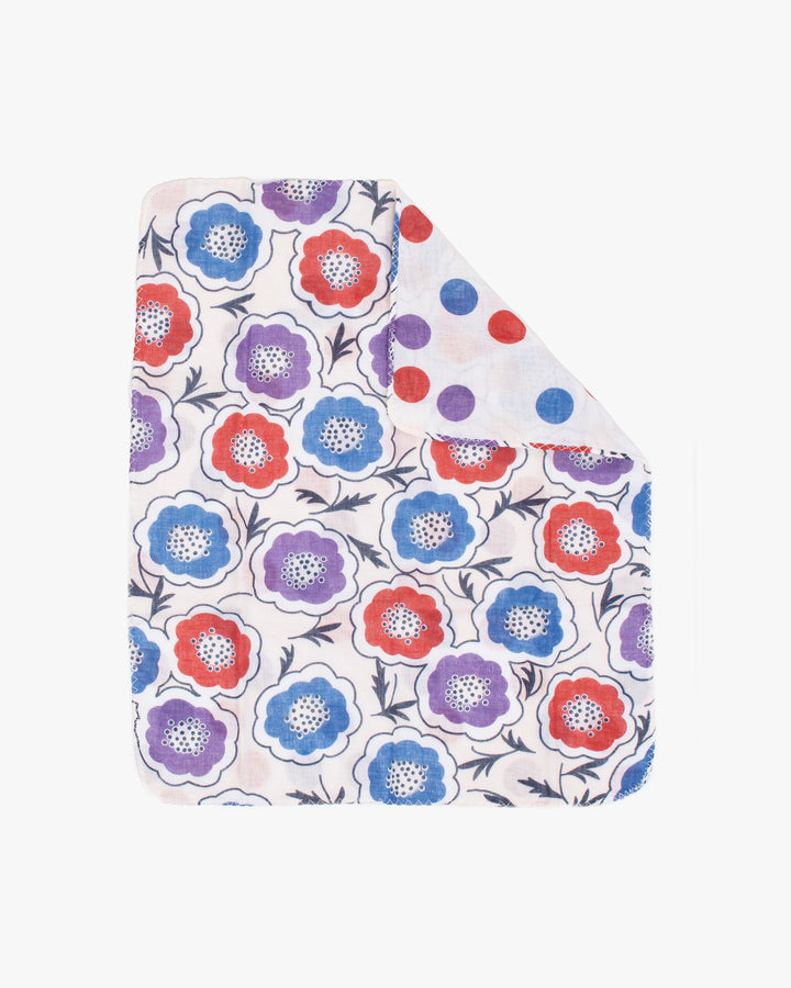 Kurochiku, Two-Sided Cotton Handkerchief, White with Red, Purple and Blue Flowers