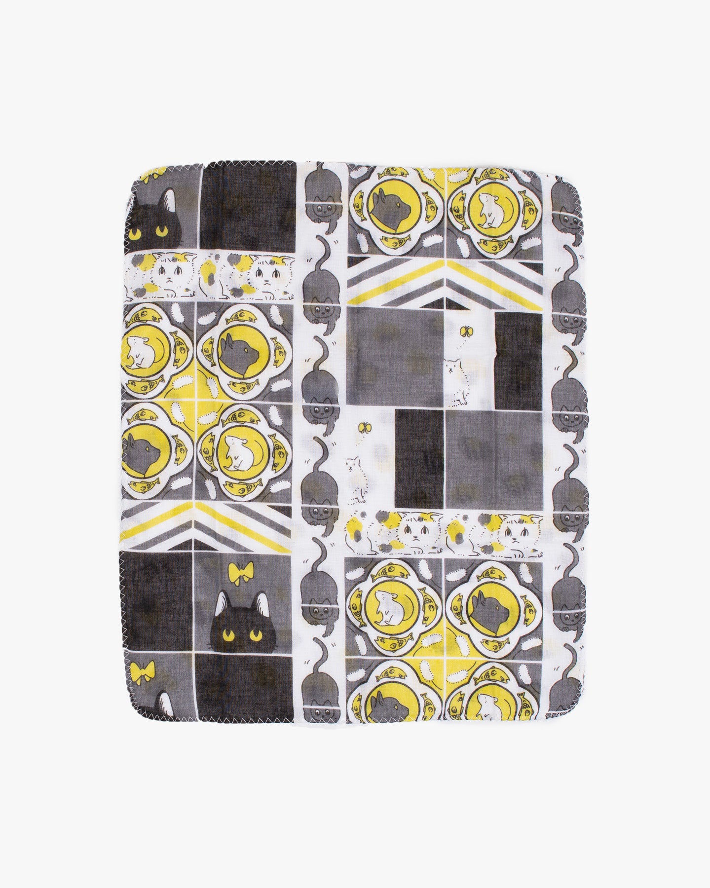 Kurochiku, Two-Sided Cotton Handkerchief, Yellow and Grey with Cat and Fish