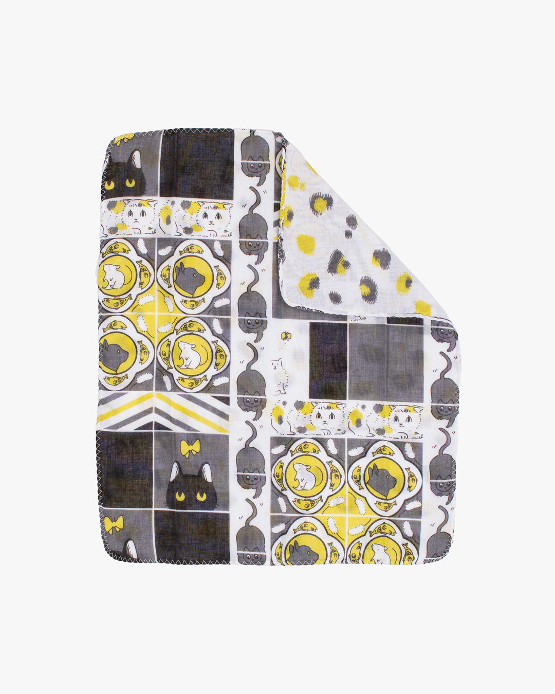 Kurochiku, Two-Sided Cotton Handkerchief, Yellow and Grey with Cat and Fish