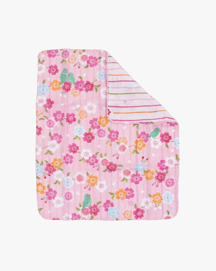 Kurochiku, Two-Sided Cotton Handkerchief, Pink with Flowers and Shima