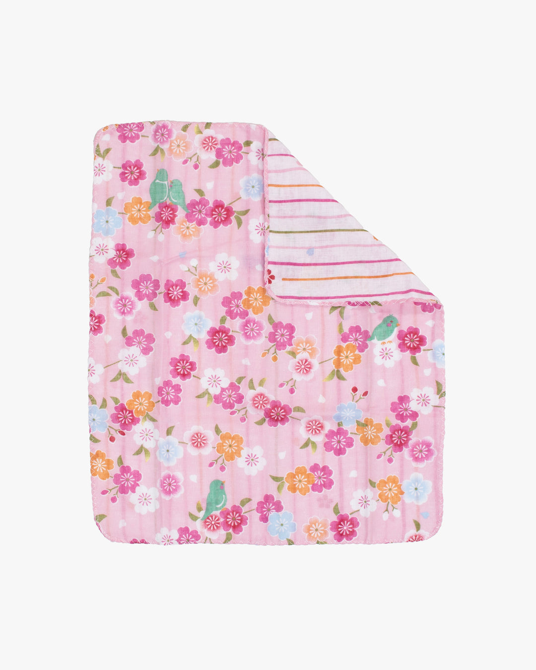 Kurochiku, Two-Sided Cotton Handkerchief, Pink with Flowers and Shima