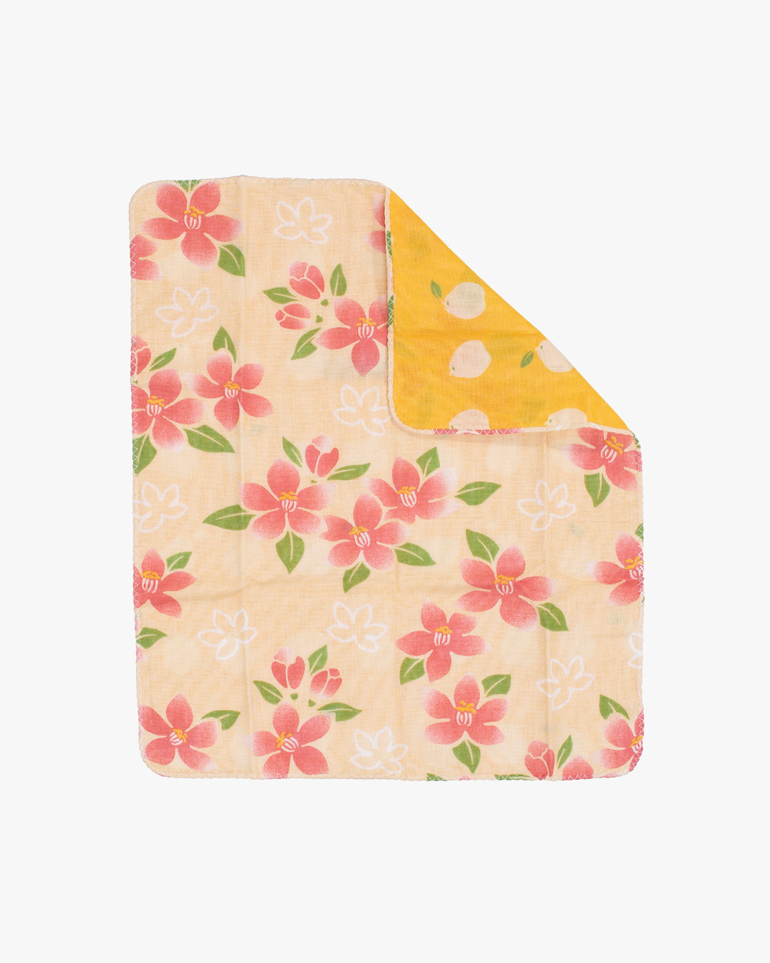 Kurochiku, Two-Sided Cotton Handkerchief, Yellow with Pink and White Flowers