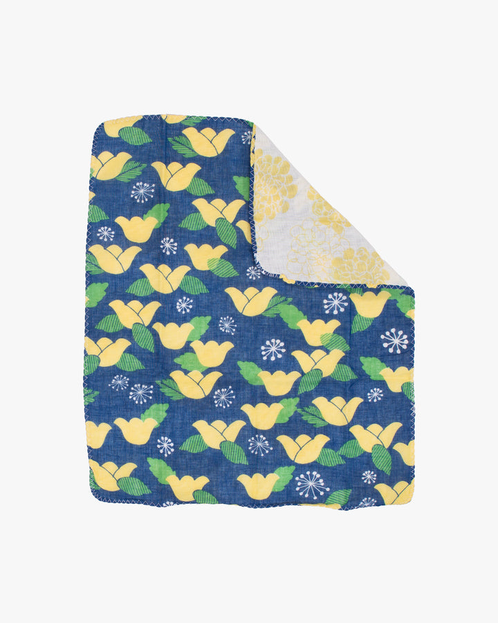 Kurochiku, Two-Sided Cotton Handkerchief, Blue with Yellow Flowers