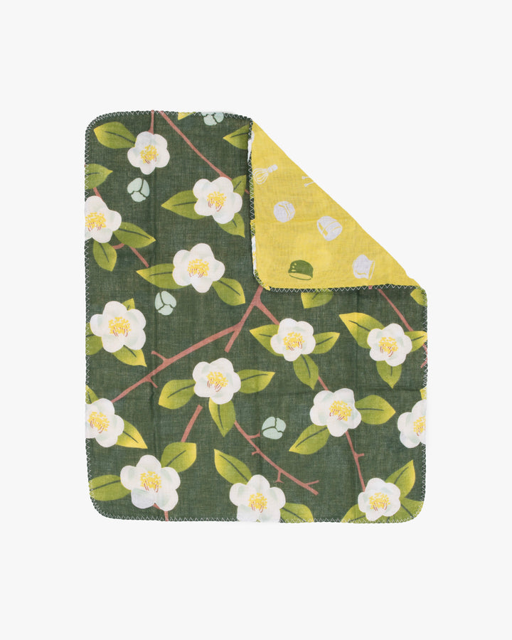 Kurochiku, Two-Sided Cotton Handkerchief, Green with White Flowers
