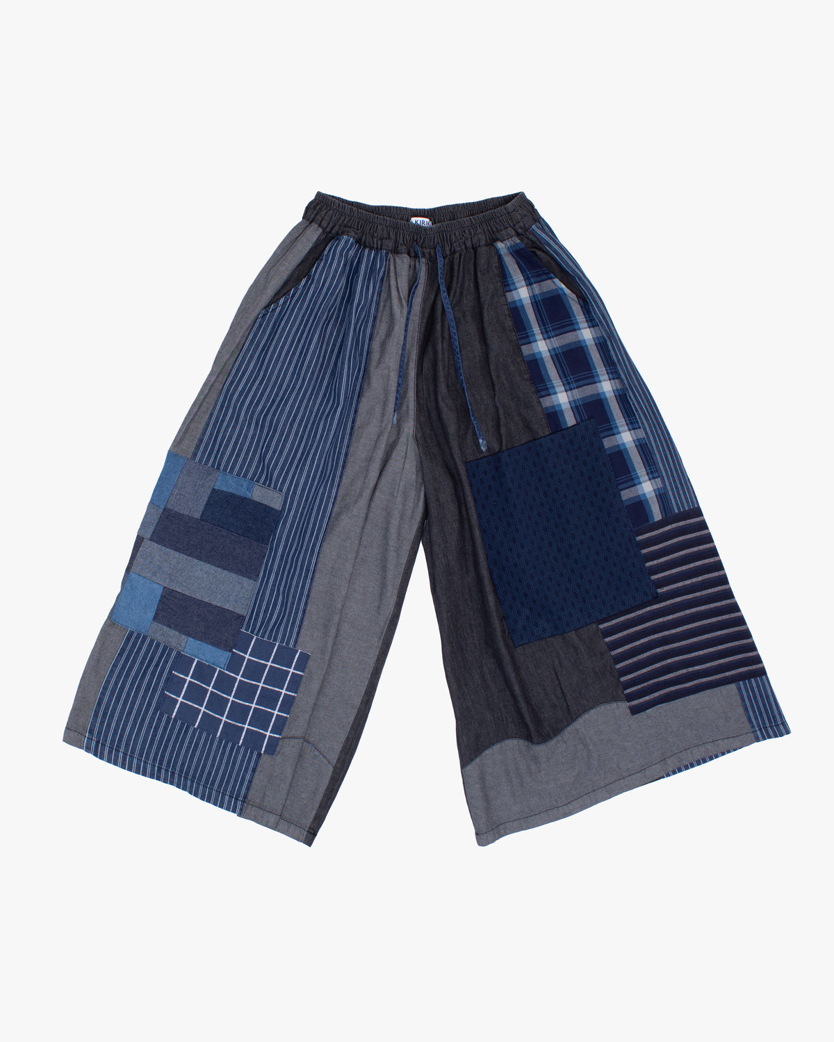 Kiriko custom wide leg pants, washed indigo and charcoal
