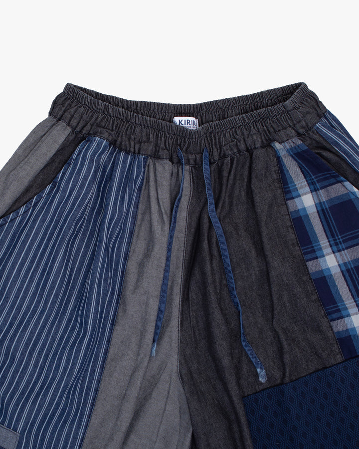 Kiriko Custom Wide Leg Pants, Washed Indigo and Charcoal Patched