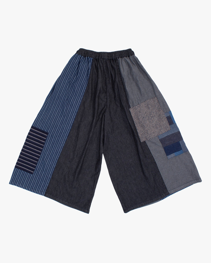 Kiriko Custom Wide Leg Pants, Washed Indigo and Charcoal Patched