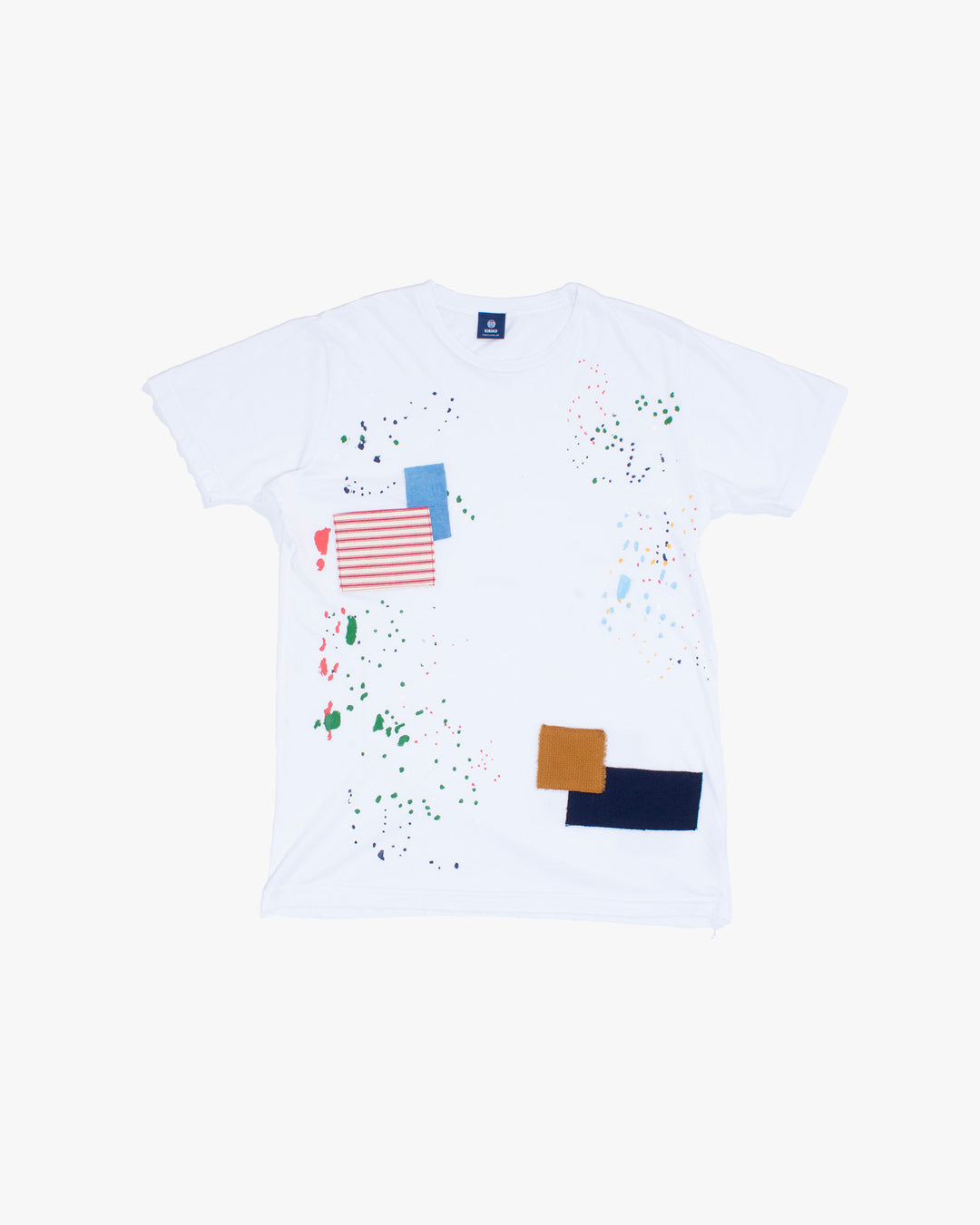 White 3.8 oz cotton painter tee with fabric patches by Kiriko Made